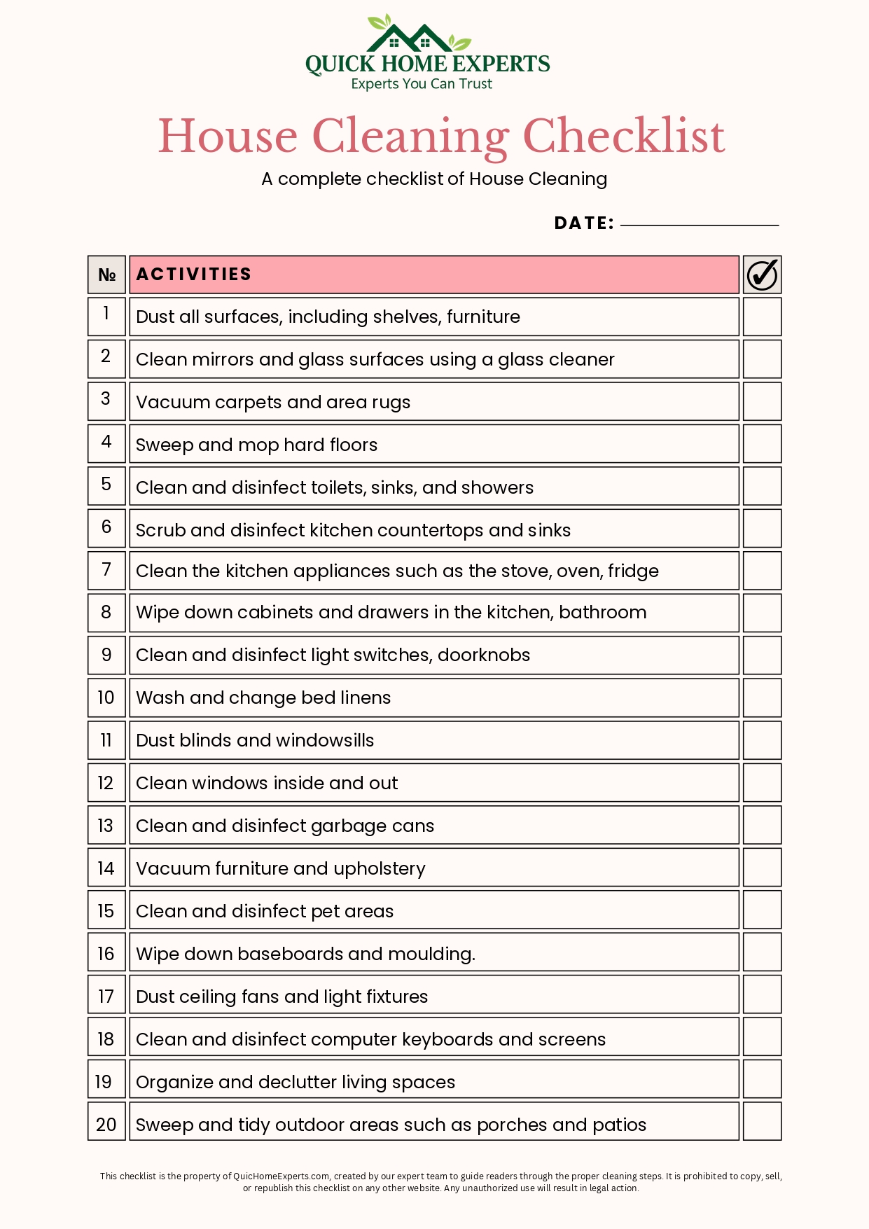 House Cleaning Checklist by Quick Home Experts