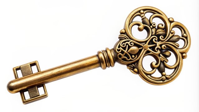 A golden color skeleton key with a designed head 
