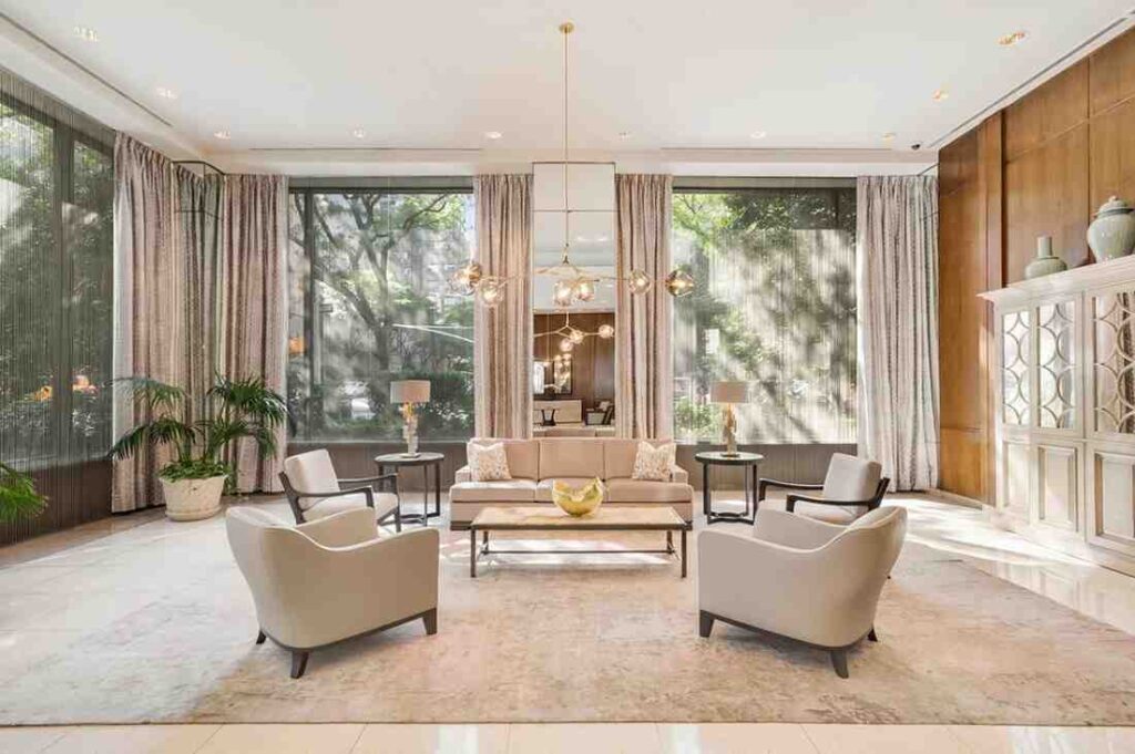 The open layout living room area inside the dystopian apartment building