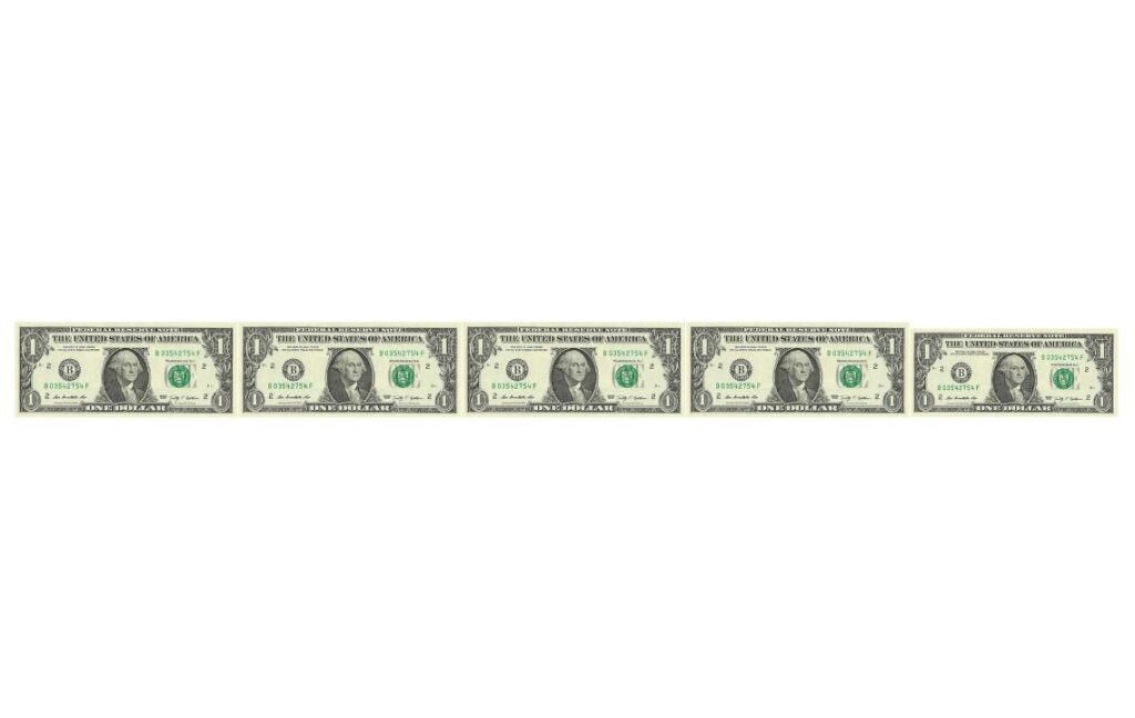 Five U.S. Dollar Notes End-to-End